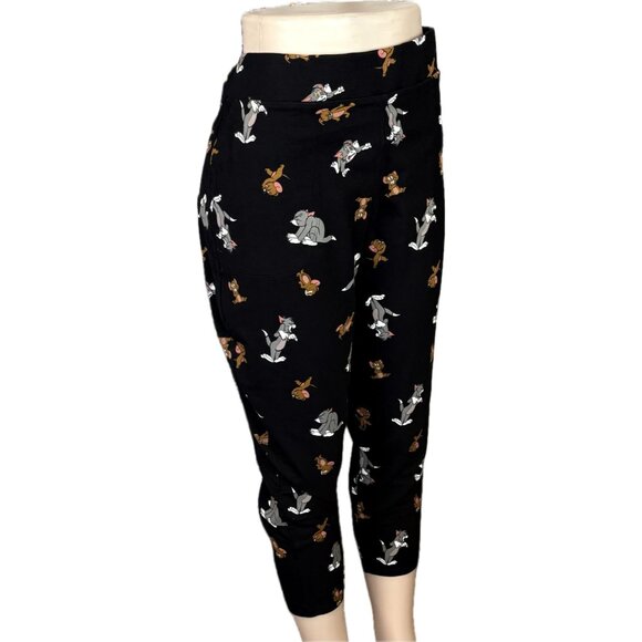 Warner Bros +4 Black Stretch High Waist Tom and Jerry Graphic Cotton Crop Pants - Picture 3 of 6